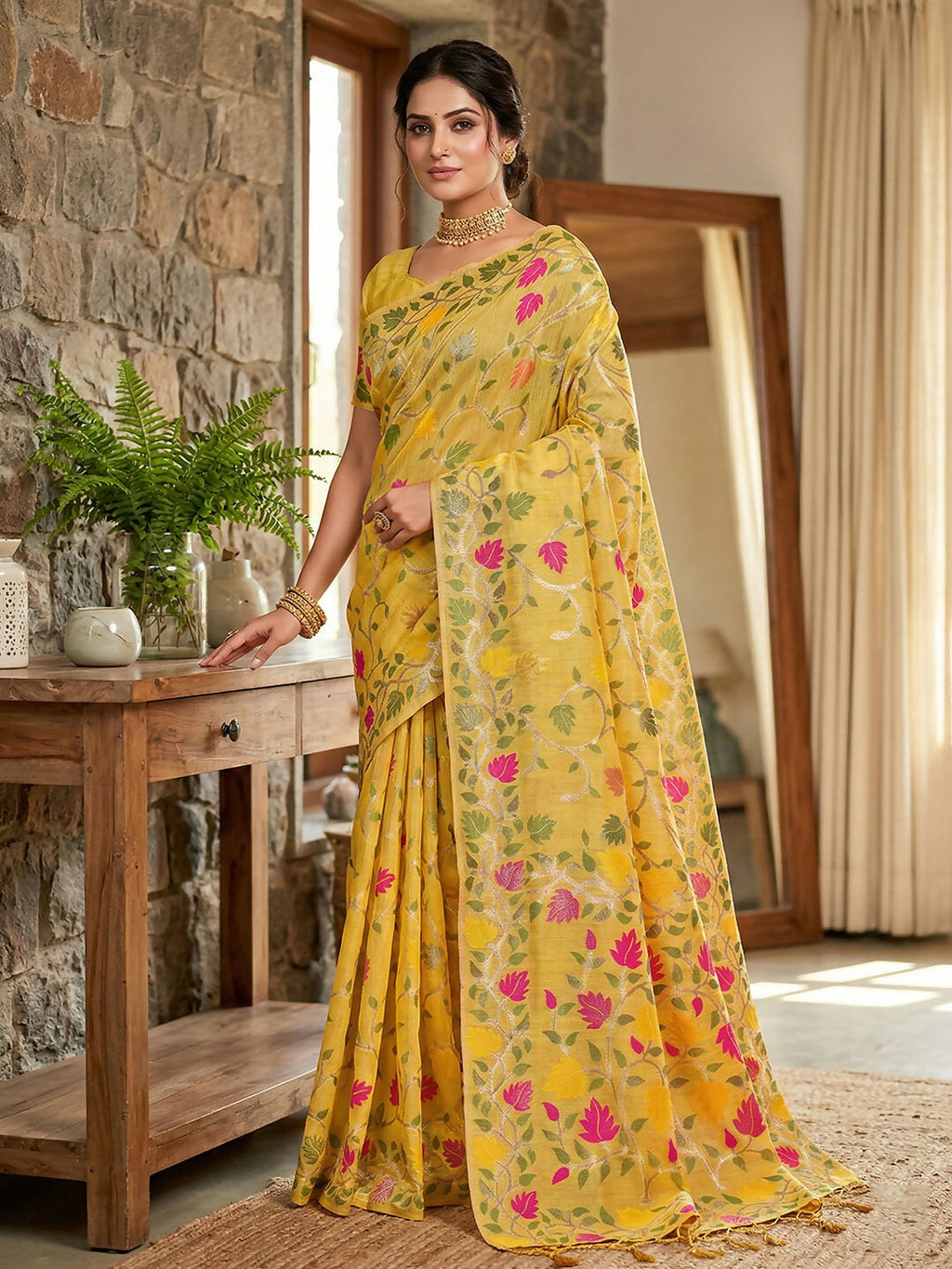 Shree Shyam Fashion Yellow Linen Cotton Saree - Distacart
