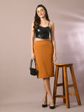 Myshka Women's Mustard Solid Knee Length Party Embellished Skirts