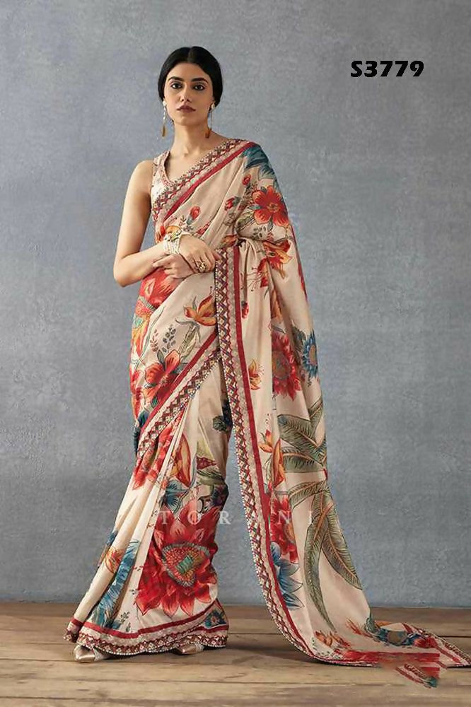 Beige Bright Moss Designer Digital Printed Party Wear Saree - Be Verly