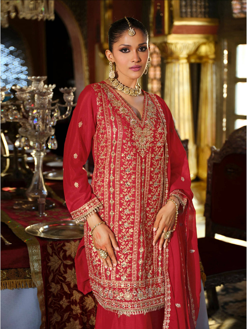 Anaita Red Heavy Chinon Readymade Palazzo Suit with Heavy Embroidery Work - Distacart