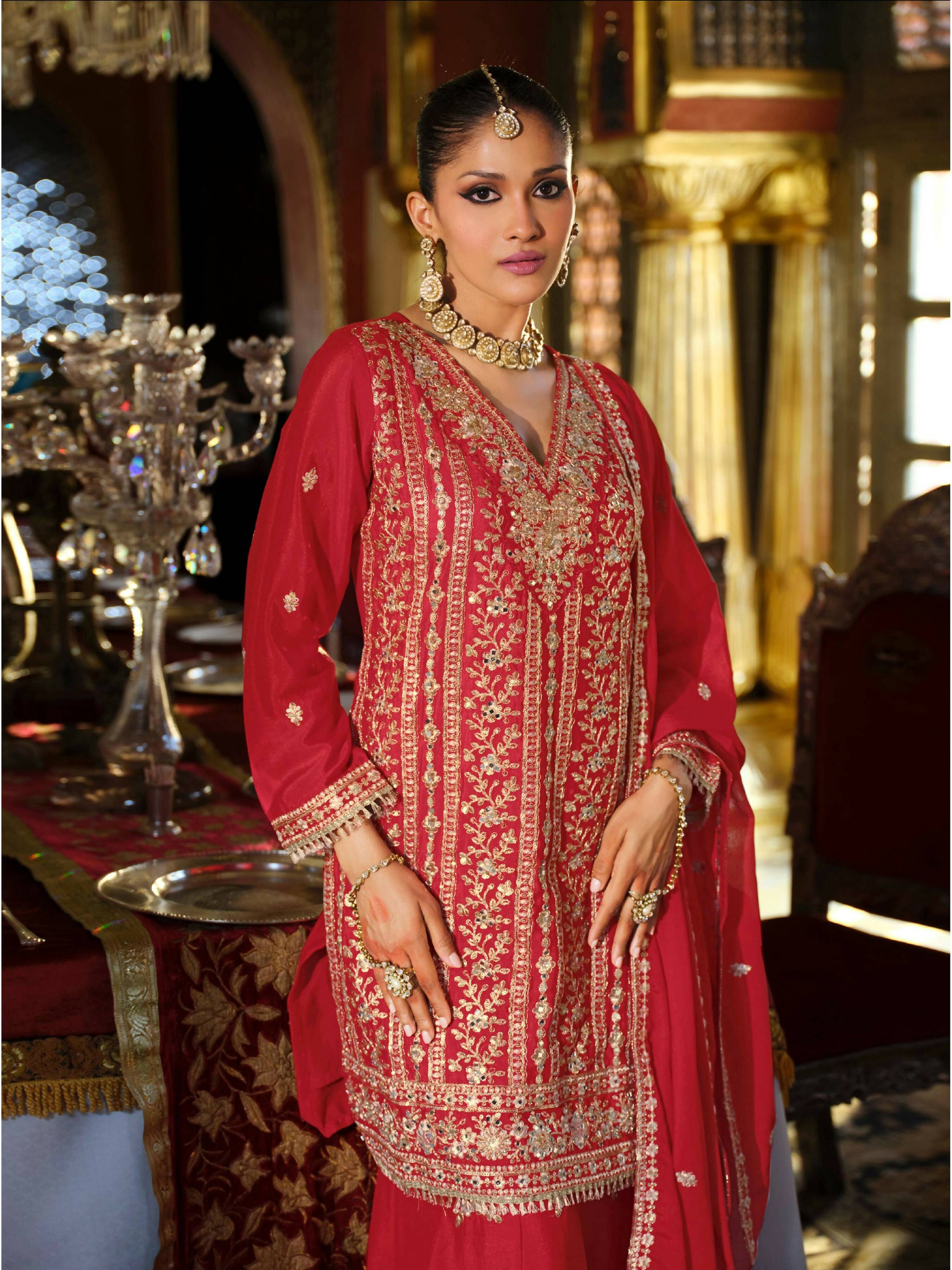 Anaita Red Heavy Chinon Readymade Palazzo Suit with Heavy Embroidery Work - Distacart