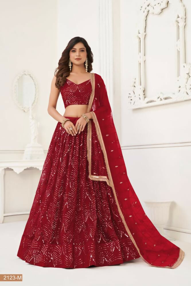 Aastha Fashion Maroon Butterfly Net Tone To Tone Thread Work, Sequence Work And Original Mirror Work Embroidery Wedding Wear Lehenga Choli