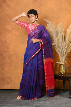 Very Much Indian Handloom Pure Cotton Silk Saree With Sleek Golden Border - Indigo Blue