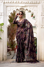 Vastranavya Wine Lurex Brasso Floral Printed Saree with Unstitched Blouse - Distacart