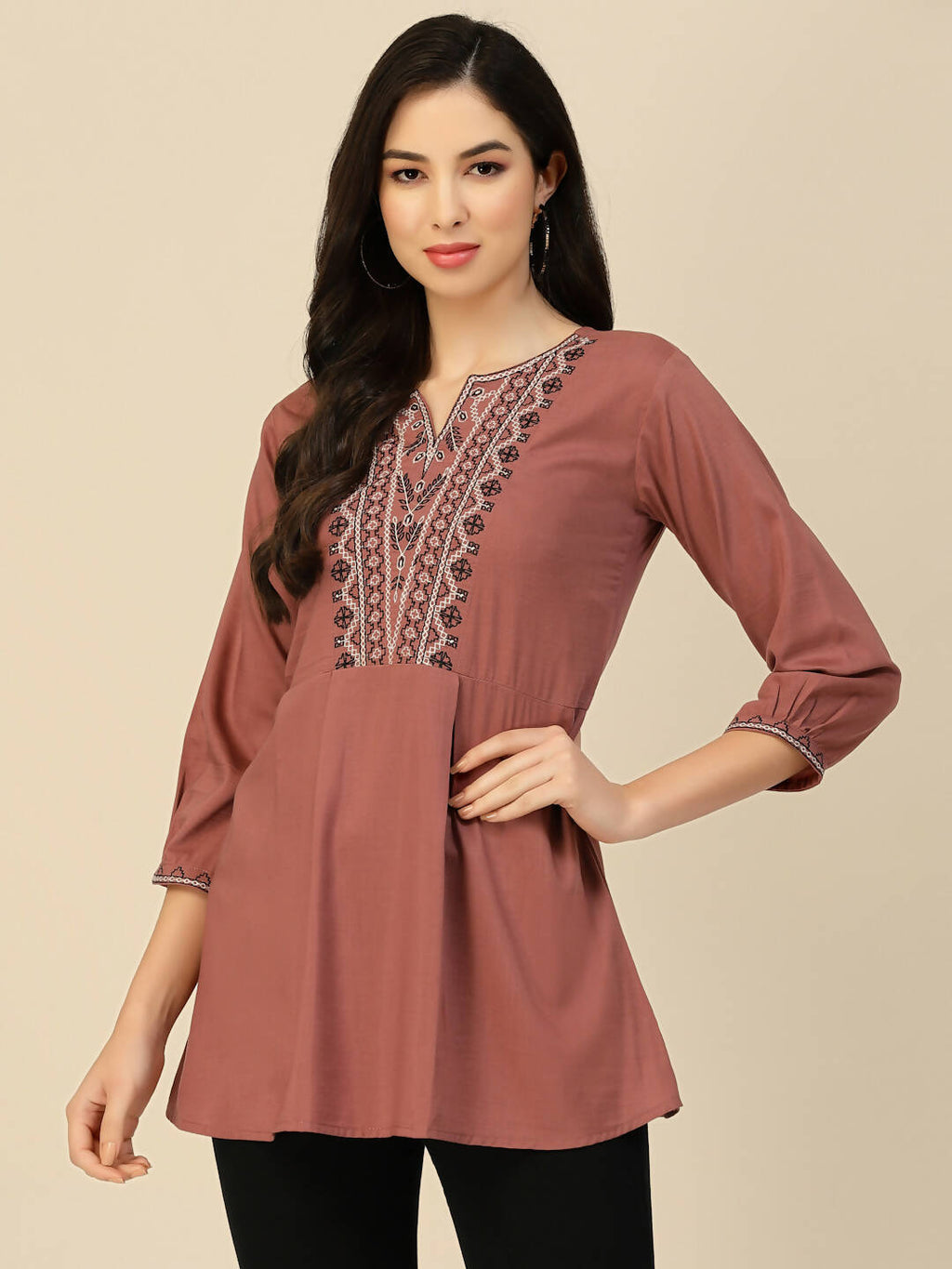 Brown Chinon Floral Embroidered Top - Zeny