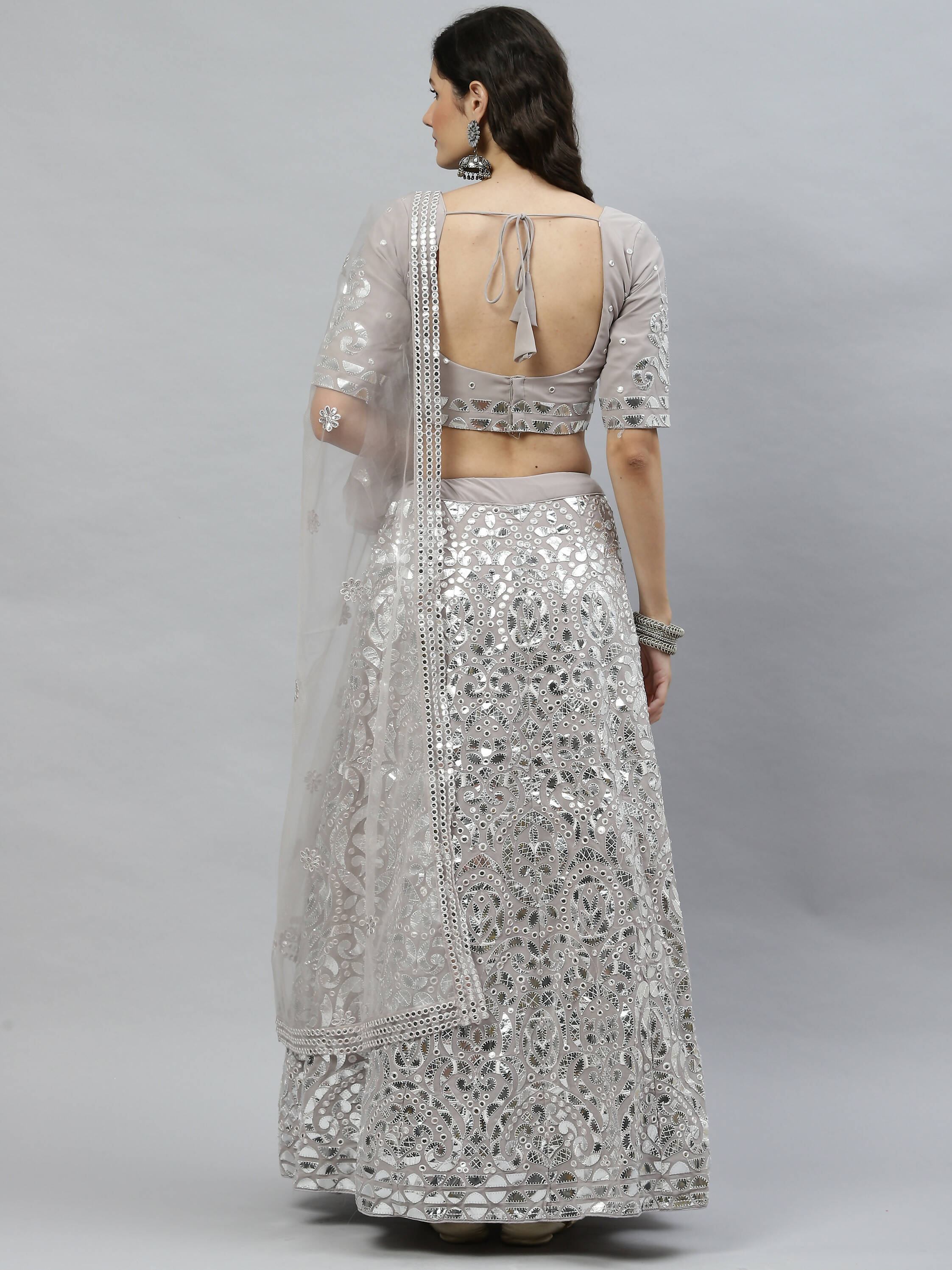Grey Georgette Paper Mirror Embroidery Work Lehenga Choli with Dupatta - Jivika