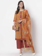 Myshka Women's Cotton Printed 3/4 Sleeve Round Neck Casual Multicolor Kurta Pant Dupatta Set