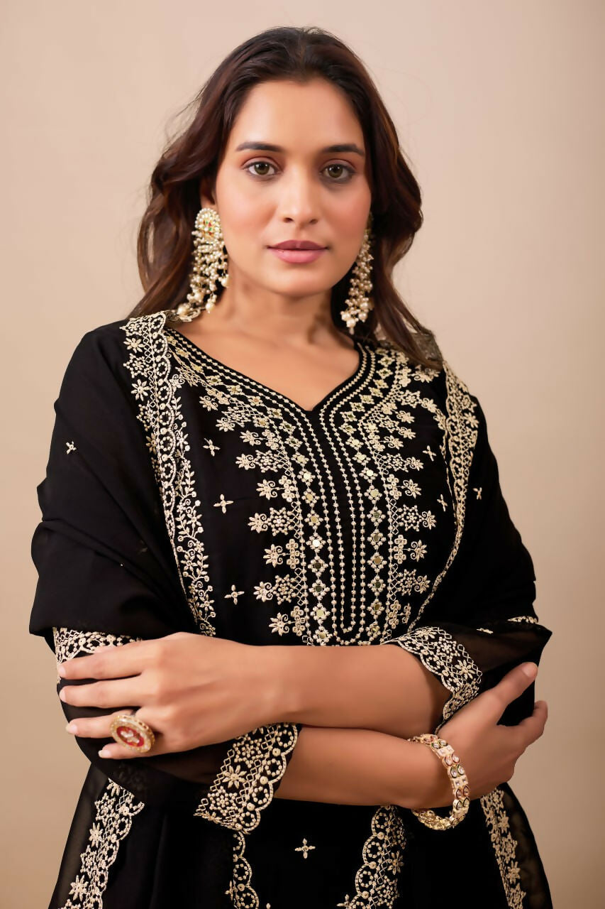 Joban Fashion Black Velvet Embroidery Sequence Work Readymade Kurta Set - Distacart