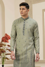 Raivat Ethnic Art Silk Thread Work Kurta Pajama In Green Colour