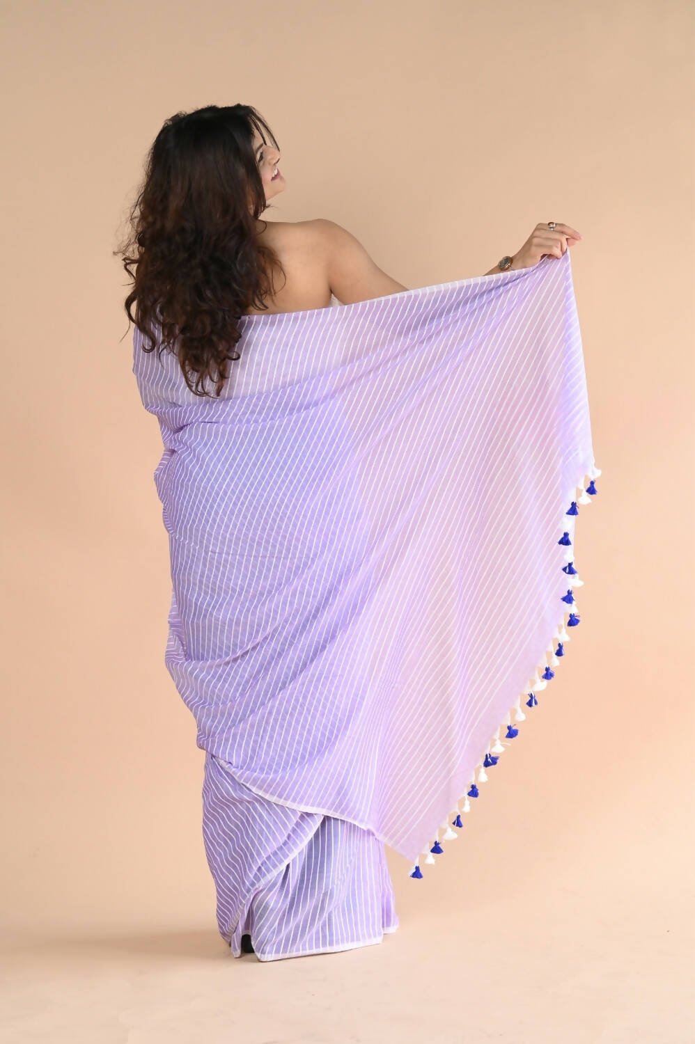 Very Much Indian Designer Pure Cotton Saree With All Over Linear Stripes - Lavender - Distacart