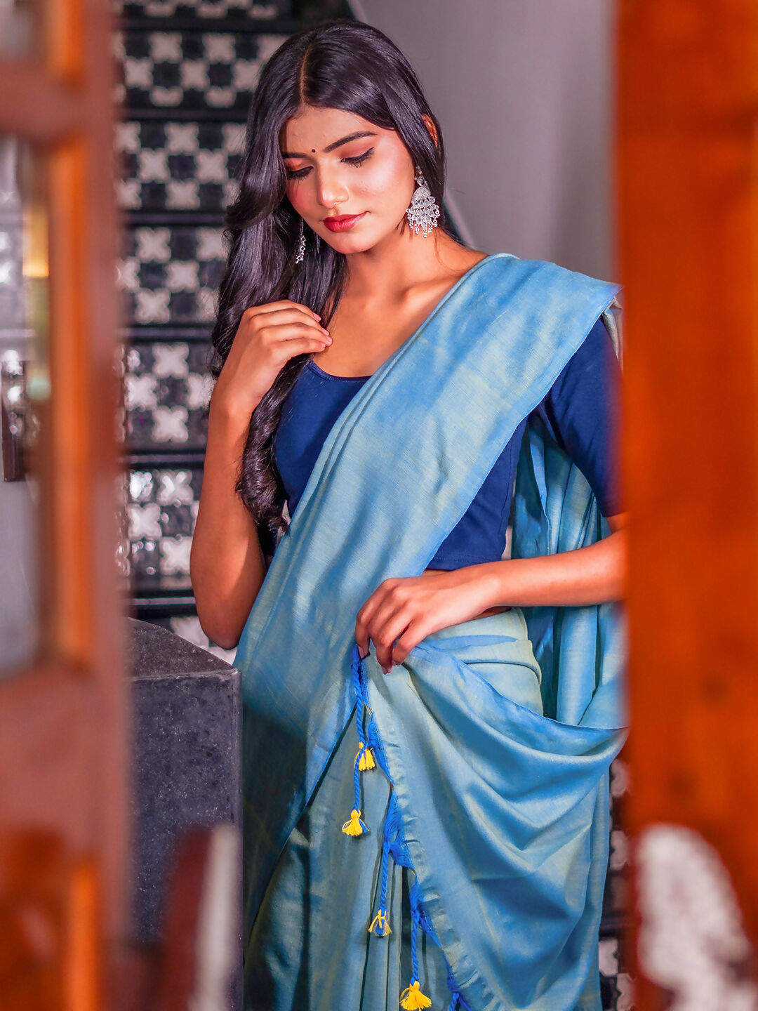 Zibaa Hand-Dyed Mul Cotton Teal Blue Saree with Tassels - Distacart