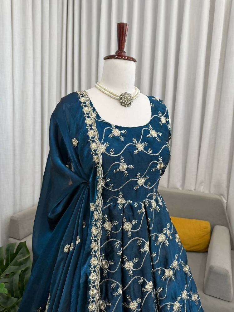 Teeya Creation Blue Color Fendy Silk Heavy Embroidery Work Wedding Wear Long Gown - Distacart