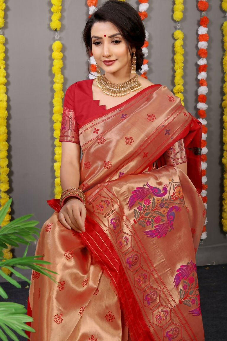 Jyoti Fashion Women's Red Paithani Silk Zari Woven Saree with Blouse