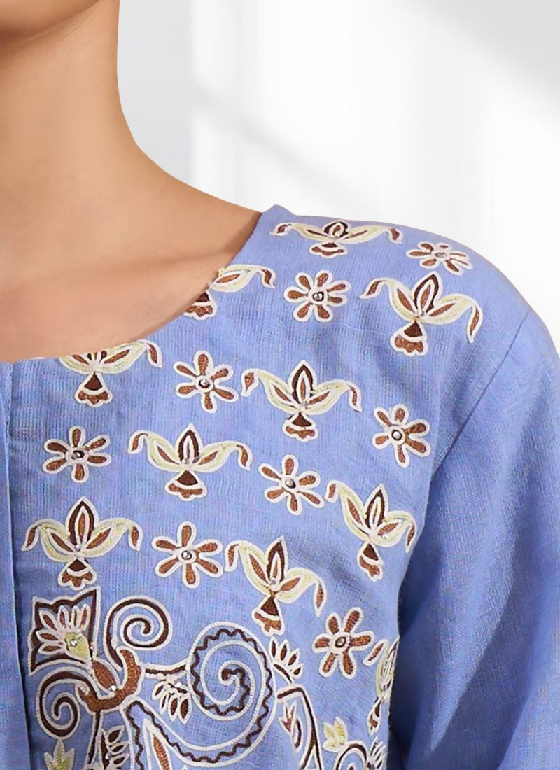 Joban Fashion Sky Blue Cotton, Linen Embroidered Readymade Tunic - Distacart