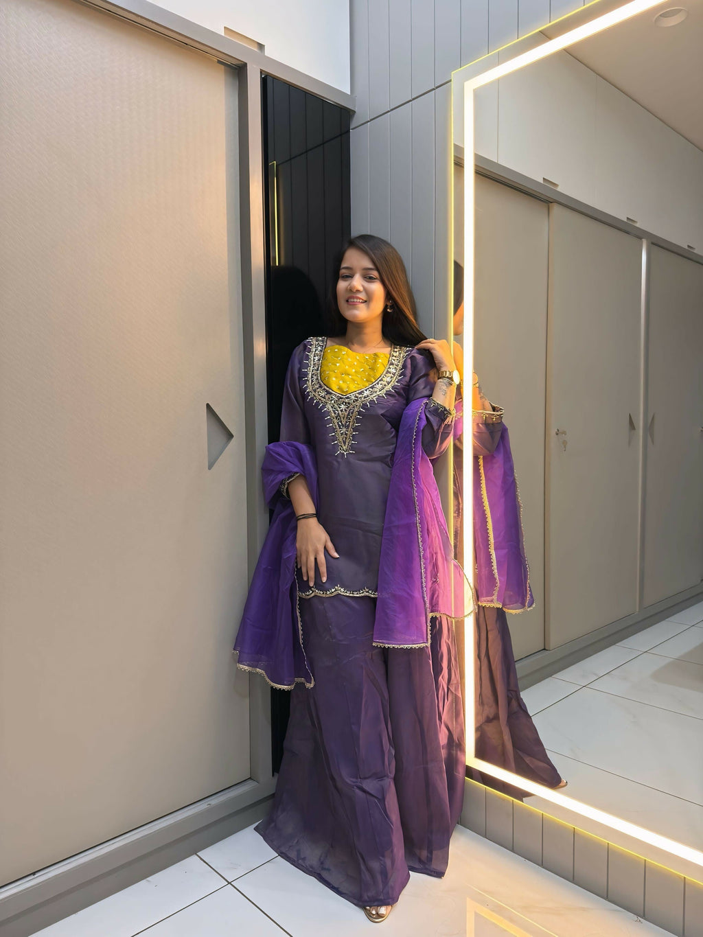 Anaita Purple Roman Shimmer Readymade Kurti Set with Handwork & Moti Work - Distacart