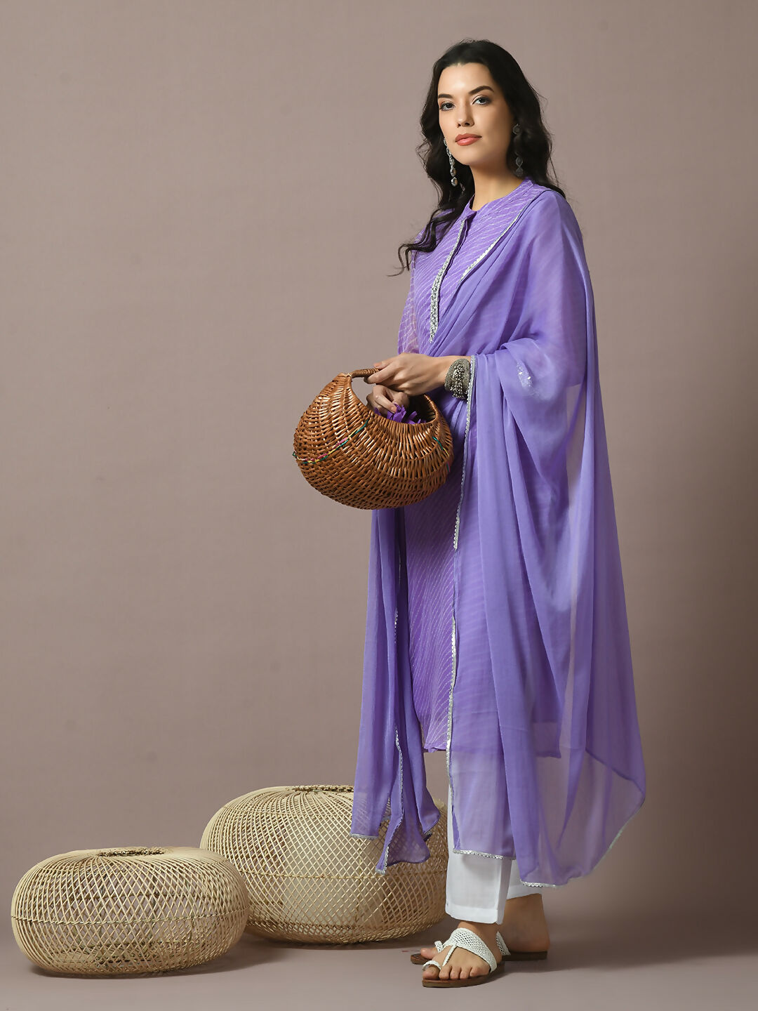 Myshka Women's Lavender Printed Kota Straight Party Kurta Set With Dupatta
