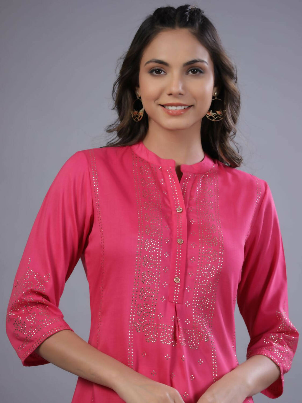 Juniper Women Fuchsia Chinon Silk Mukesh Work Straight Tunic