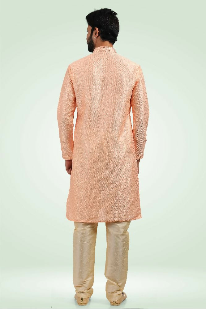 Raivat Ethnic Jacquard Banarasi Silk Pintux Work Kurta Pajama In Peach Colour