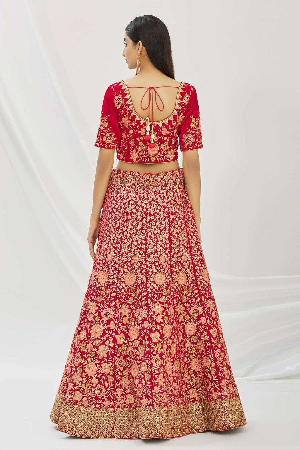 Red Velvet Semi-Stitched Wedding Bridal Lehenga - Nimaya