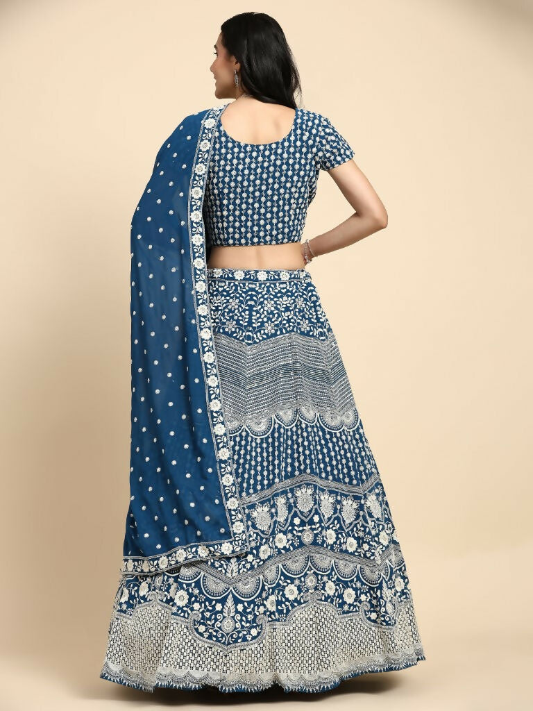Teal Georgette Thread Embroidered Lehenga Choli with Dupatta - Tanya