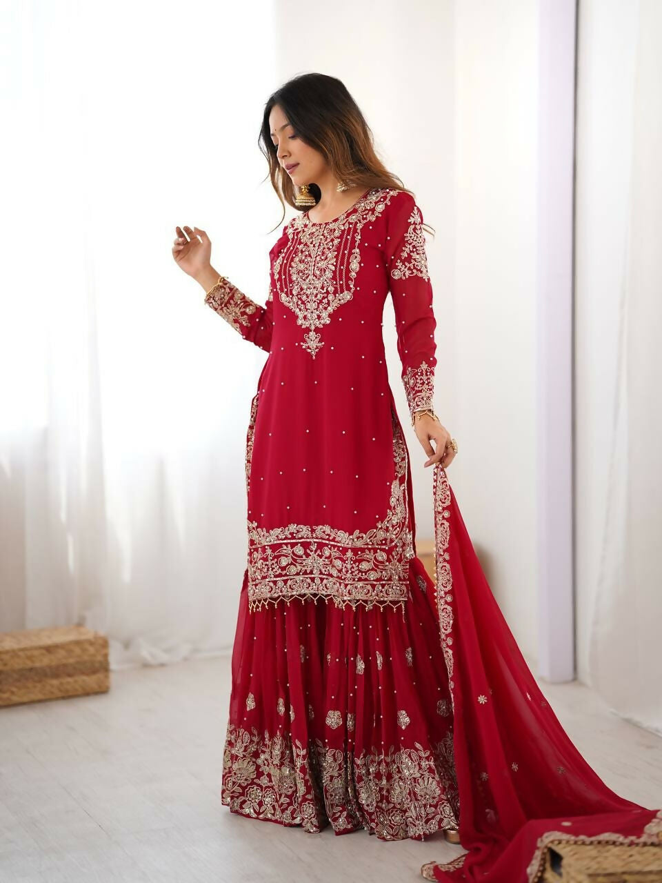 Teeya Creation Red Color Faux Georgette Embroidery Work Wedding Wear Sharara - Distacart