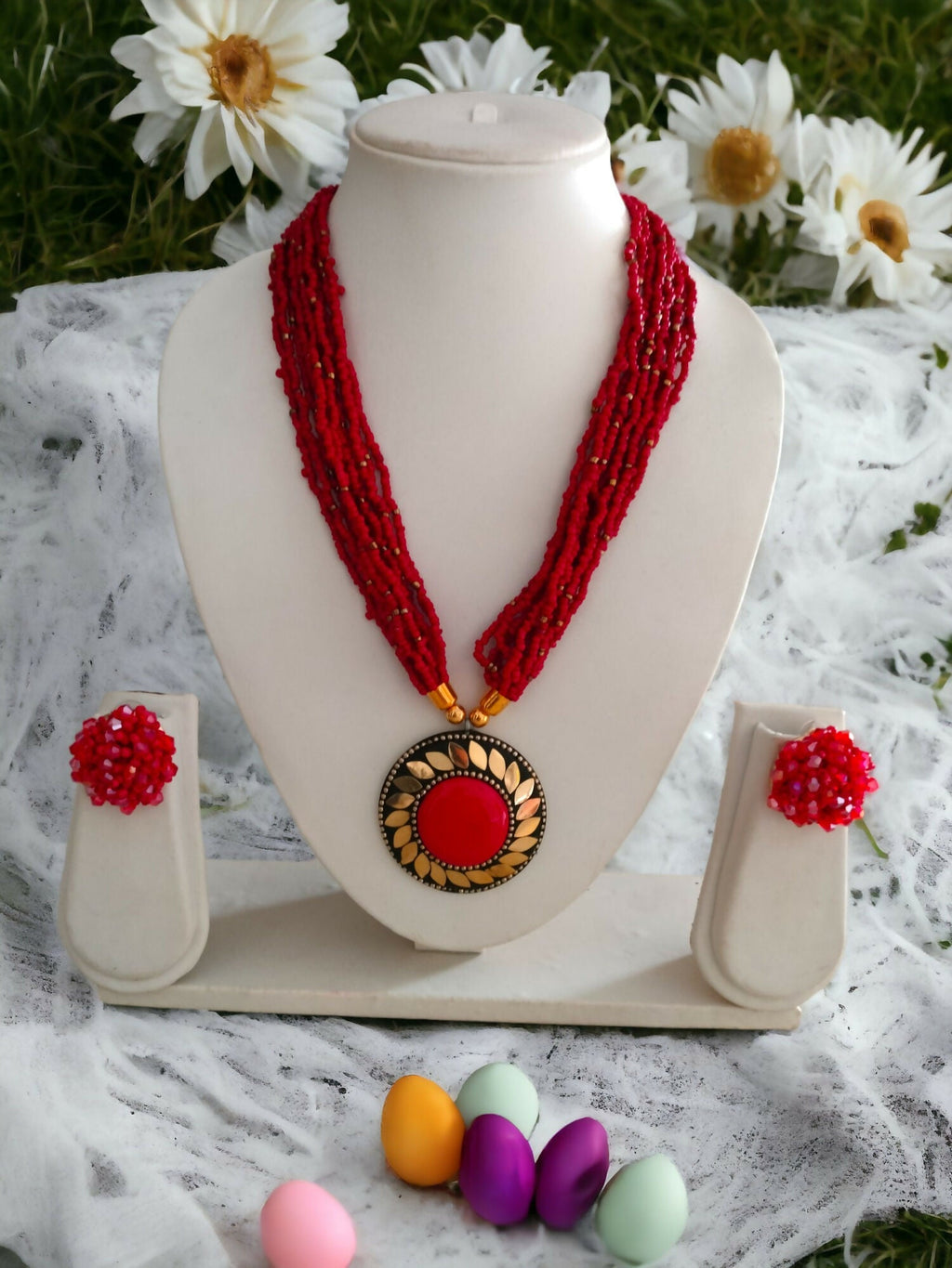 Inhanns All-Day Statement Beaded Necklace Set - Red