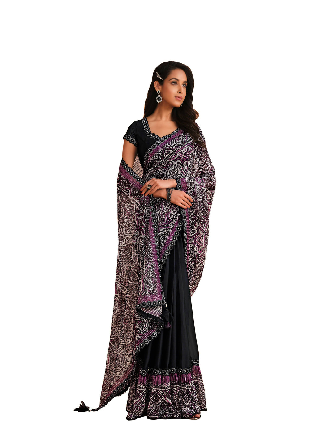Black Satin Crepe Silk Sequence Embroidered Saree With Unstitched Blouse - Mohmanthan Yavanika