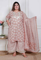 Miravan Plus Size Women Brown Floral Printed Cotton Straight Ethnic Kurta With Palazzo And Dupatta - Distacart