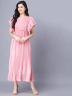 Myshka Chiffon Solid Short Sleeve Round Pink Women Dress - Distacart