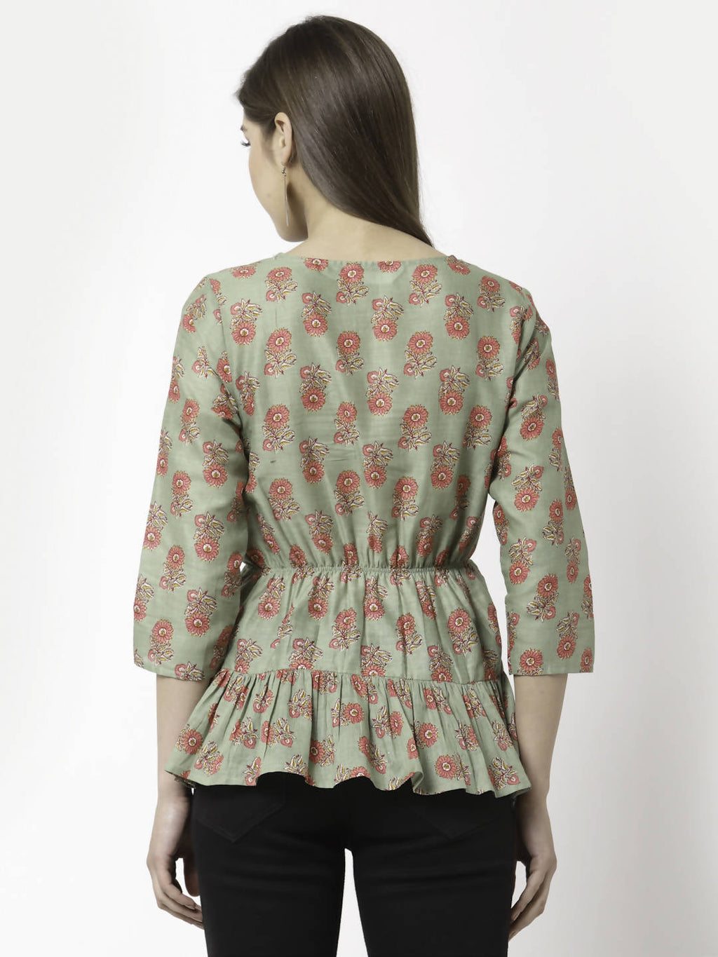 Myshka Printed 3/4 Sleeve V-Neck Casual Pure Cotton Green Top For Women