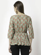 Myshka Printed 3/4 Sleeve V-Neck Casual Pure Cotton Green Top For Women