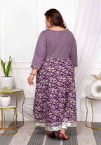 Miravan Women's Plus Size Purple cotton Floral Gota Lace Work Anarkali Kurta And Dupatta