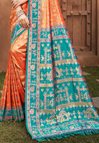Sangam Prints Orange Kanjivaram Silk Woven Work Traditional Saree