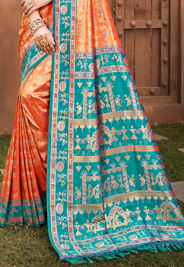Sangam Prints Orange Kanjivaram Silk Woven Work Traditional Saree