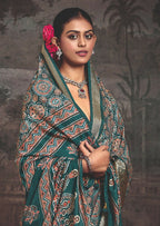 Joban Fashion Teal Green Art Silk With Fine Viscose Border Ajrak Full Body Print With Soft Finish Saree - Distacart