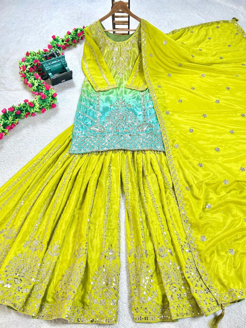 Prazu Fashion Parrot Green Chinon Silk Embroidered Sharara Suit - Distacart
