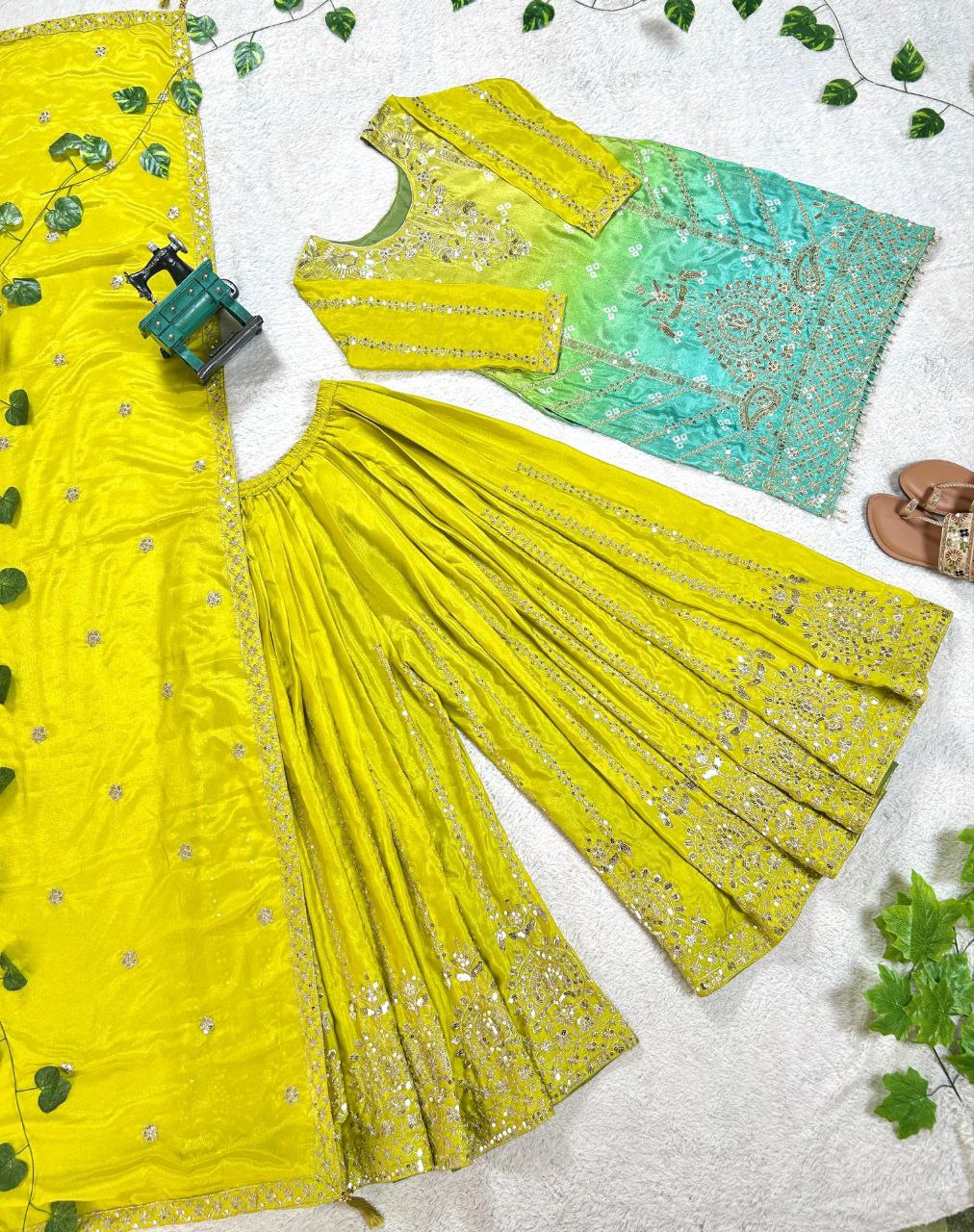 Prazu Fashion Parrot Green Chinon Silk Embroidered Sharara Suit - Distacart