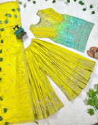 Prazu Fashion Parrot Green Chinon Silk Embroidered Sharara Suit - Distacart