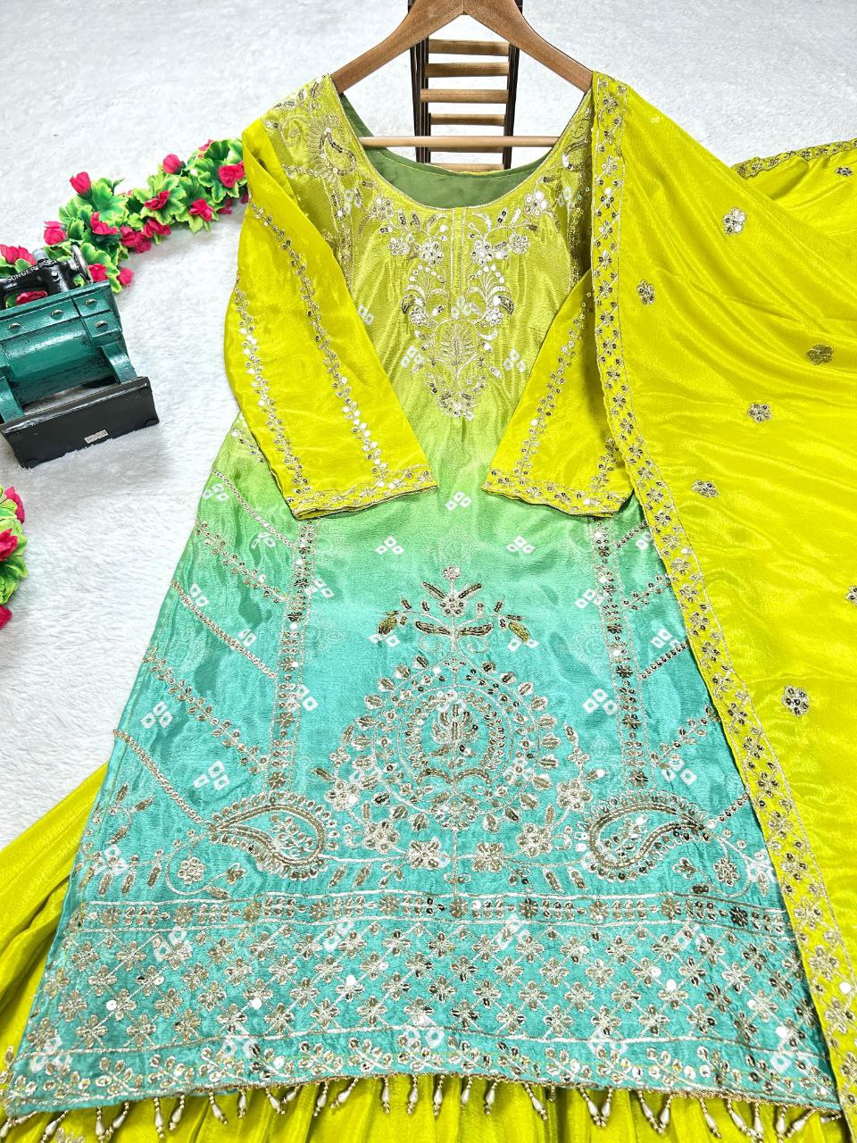 Prazu Fashion Parrot Green Chinon Silk Embroidered Sharara Suit - Distacart