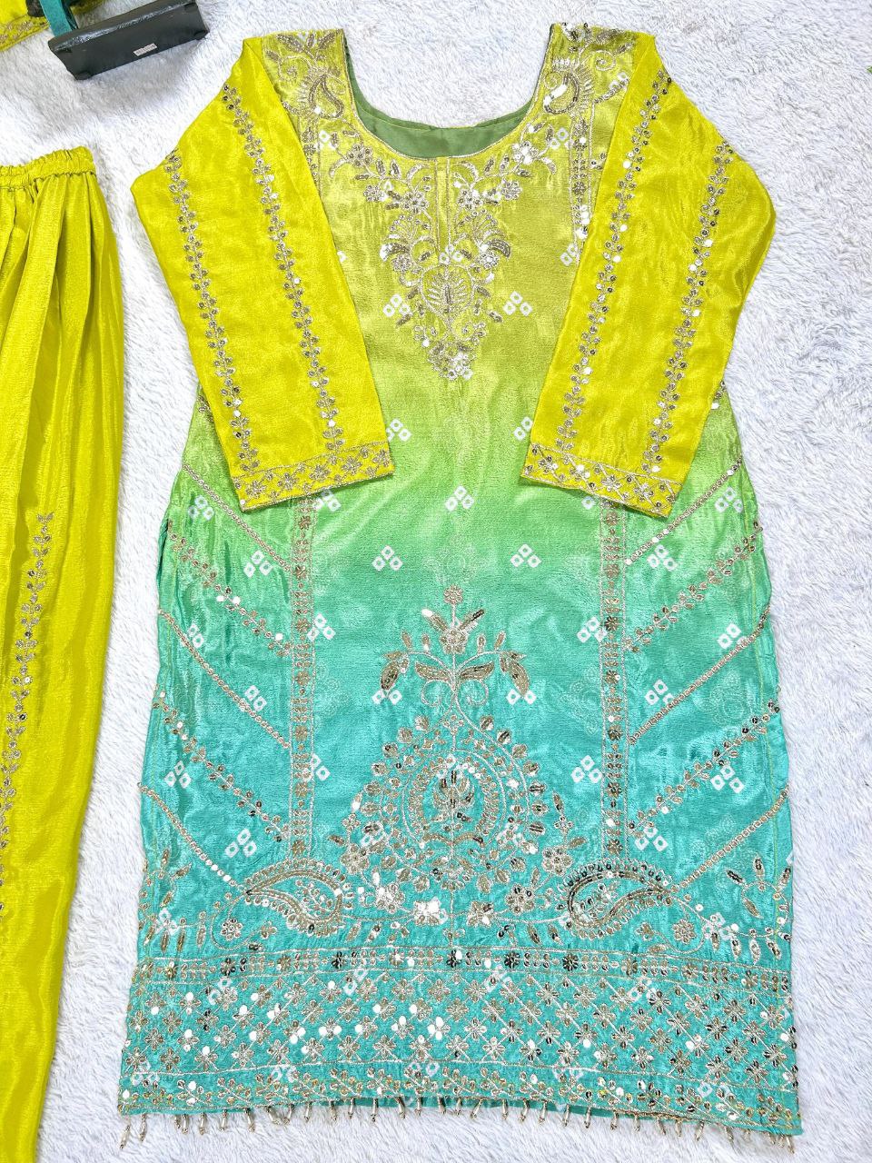 Prazu Fashion Parrot Green Chinon Silk Embroidered Sharara Suit - Distacart