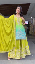 Prazu Fashion Parrot Green Chinon Silk Embroidered Sharara Suit - Distacart