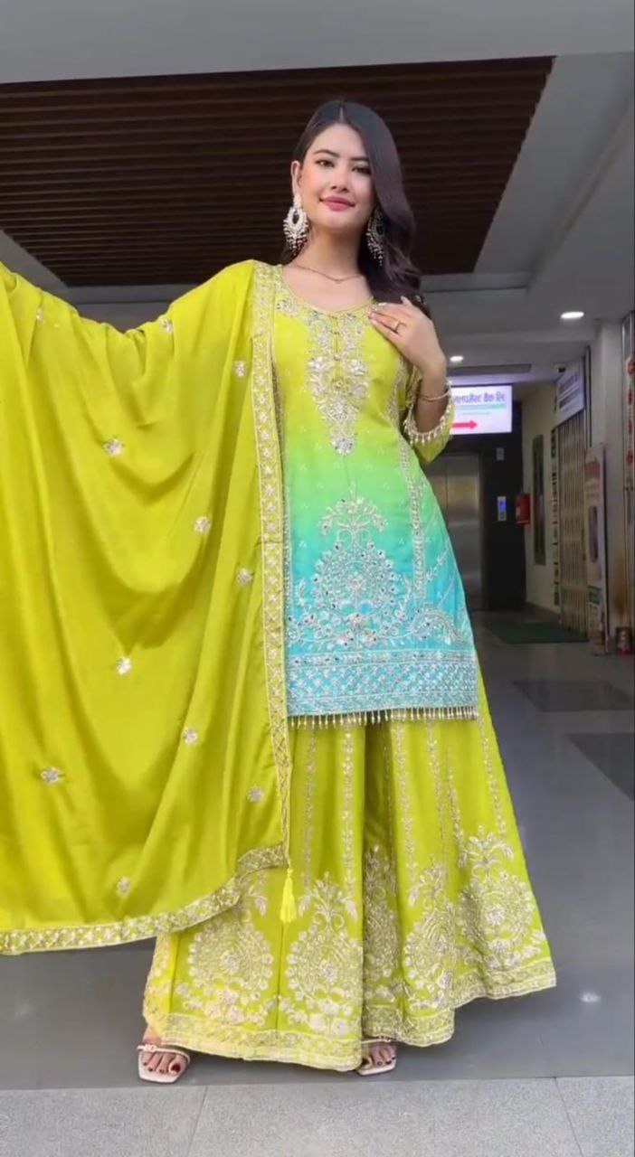 Prazu Fashion Parrot Green Chinon Silk Embroidered Sharara Suit - Distacart