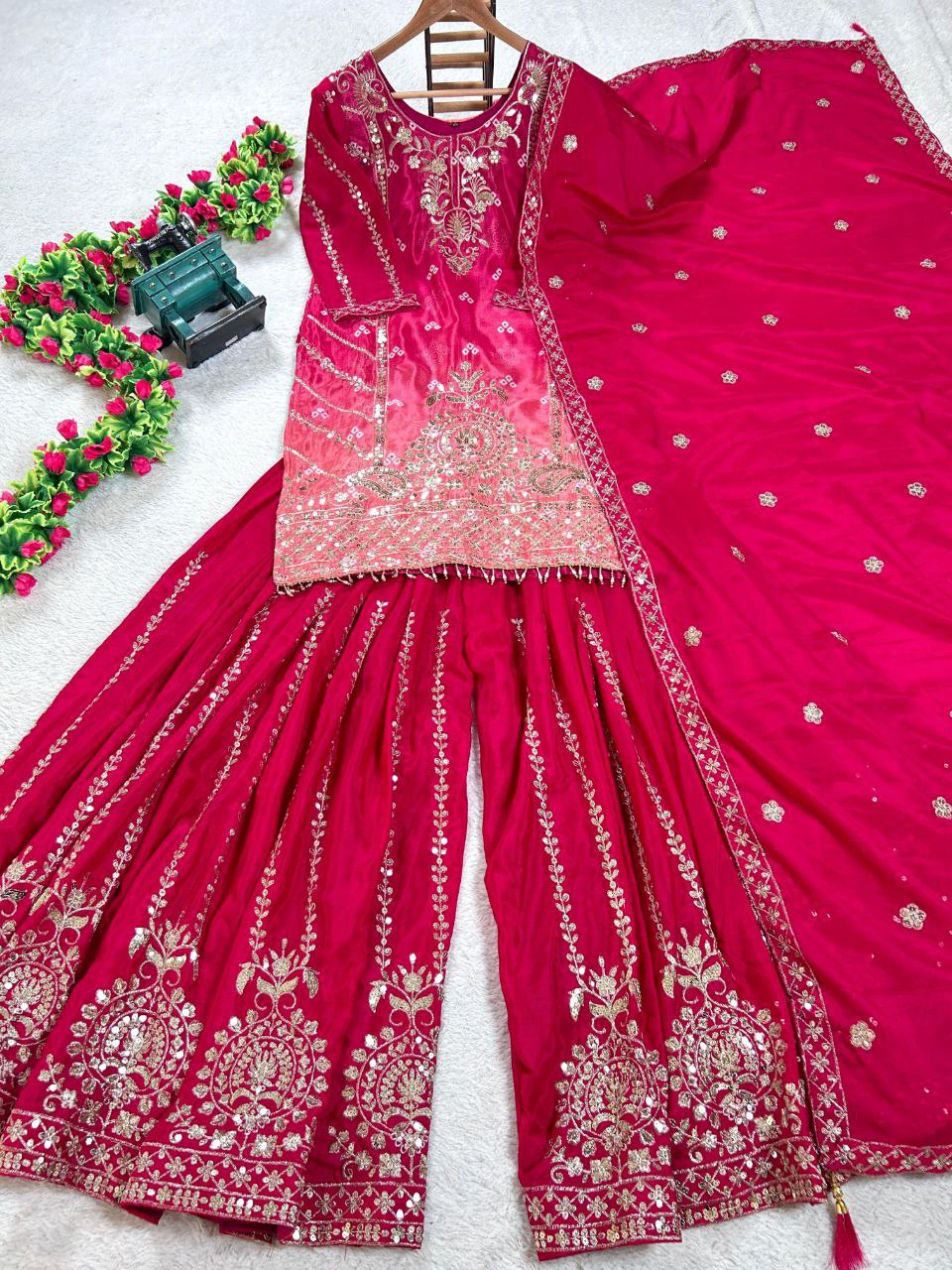 Prazu Fashion Pink Chinon Silk Embroidered Sharara Suit - Distacart