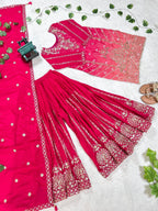 Prazu Fashion Pink Chinon Silk Embroidered Sharara Suit - Distacart