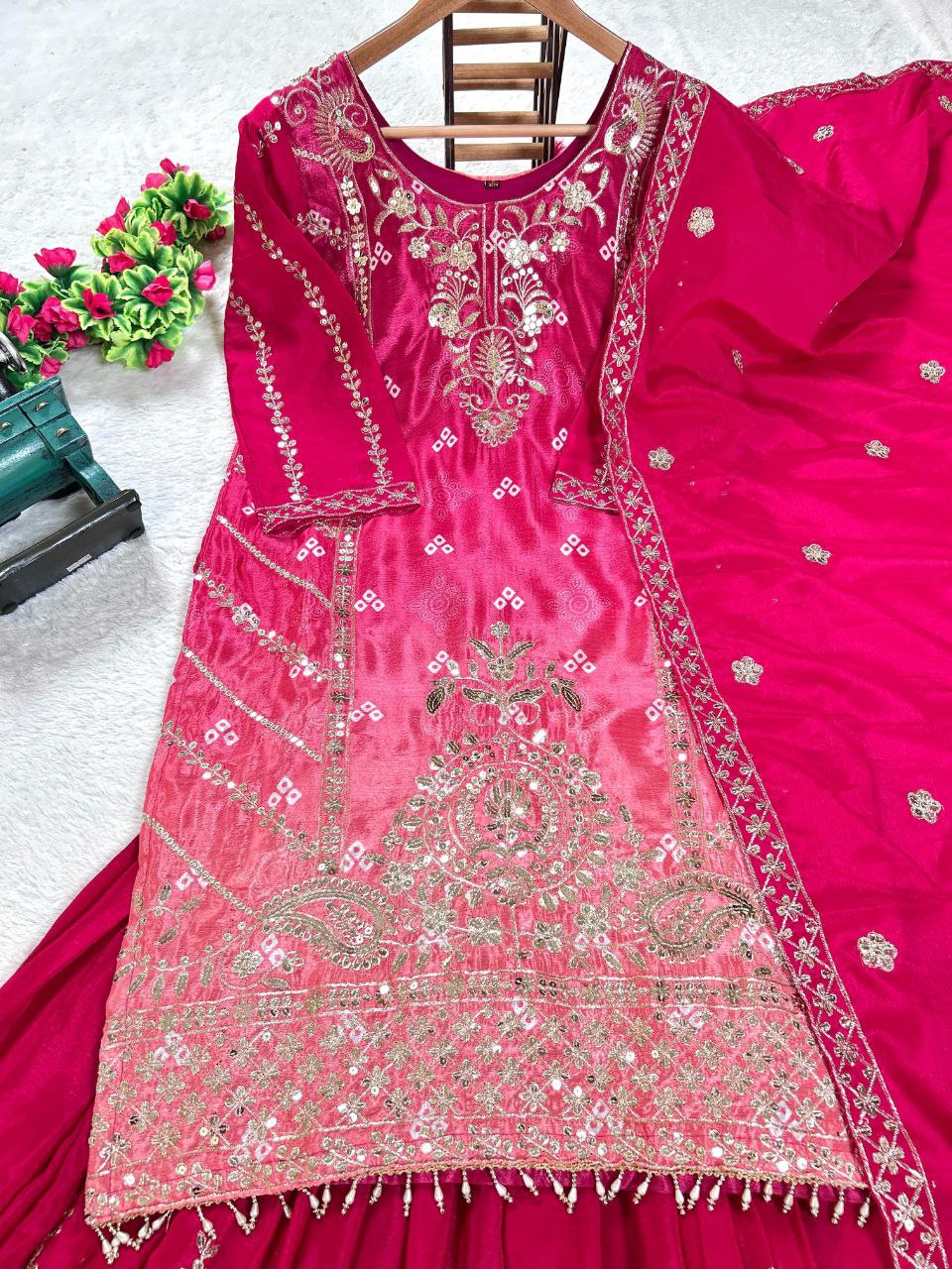 Prazu Fashion Pink Chinon Silk Embroidered Sharara Suit - Distacart