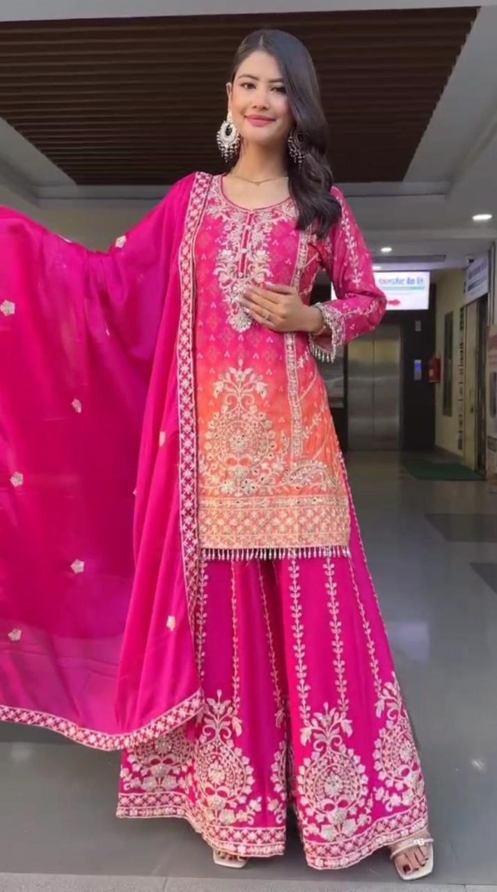 Prazu Fashion Pink Chinon Silk Embroidered Sharara Suit - Distacart