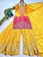 Prazu Fashion Yellow Chinon Silk Embroidered Sharara Suit - Distacart