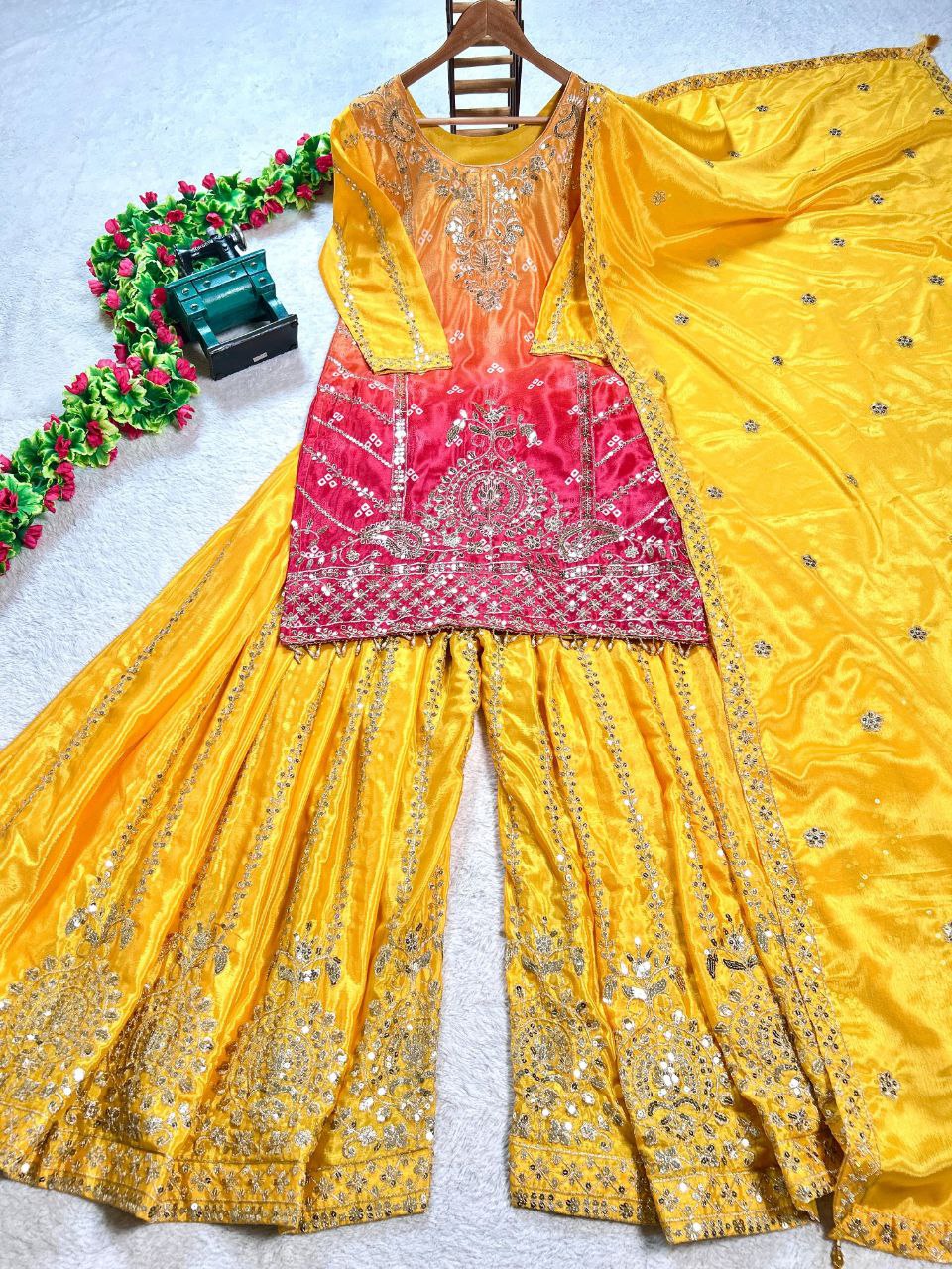 Prazu Fashion Yellow Chinon Silk Embroidered Sharara Suit - Distacart