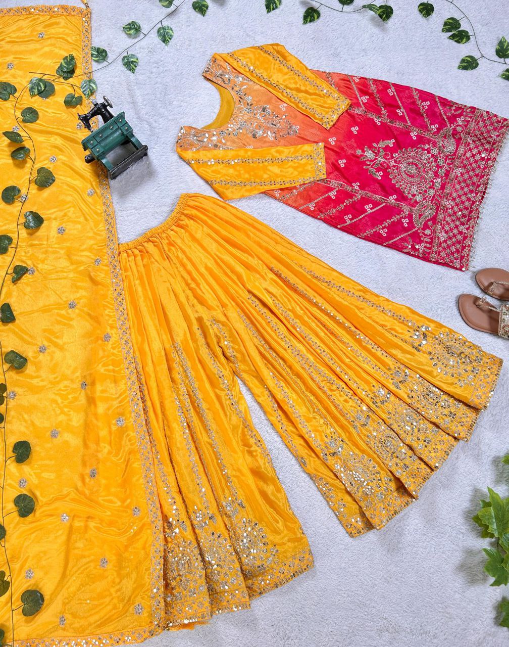 Prazu Fashion Yellow Chinon Silk Embroidered Sharara Suit - Distacart