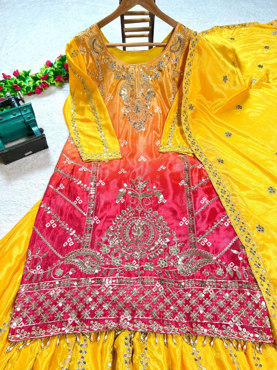 Prazu Fashion Yellow Chinon Silk Embroidered Sharara Suit - Distacart